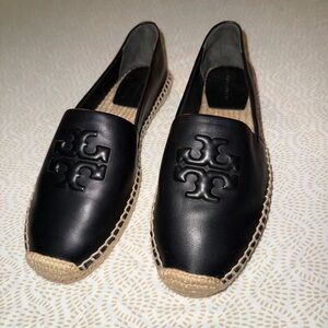 Tory Burch Black Leather Loafers with Tan Espadrille Sole